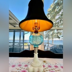 Antique | Blue Glass + Milk Glass Lamp | Boston & Sandwich Glass Co.